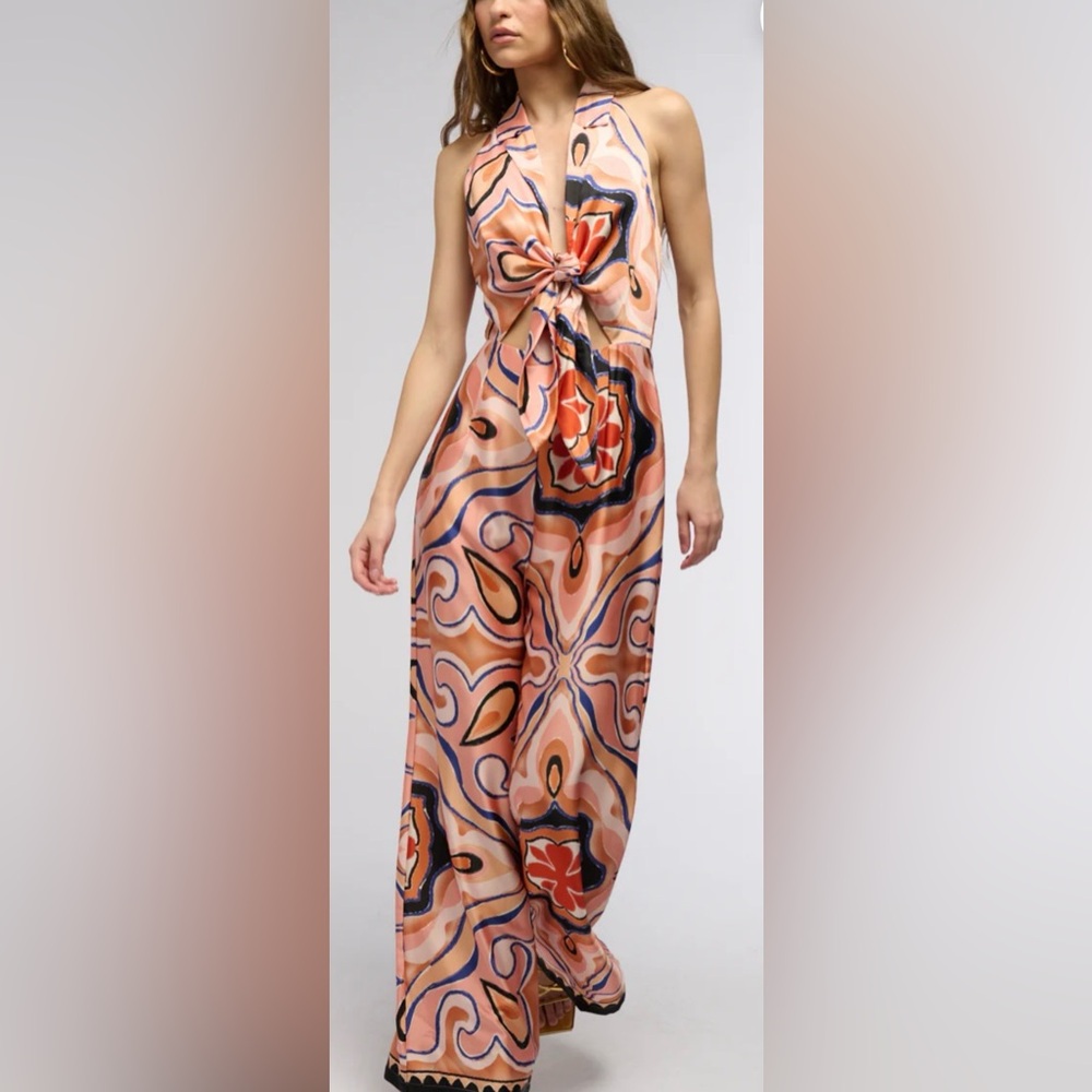 NWT AKIRA Elegant Multicolor Halter printed collar and back out jumpsuit size S